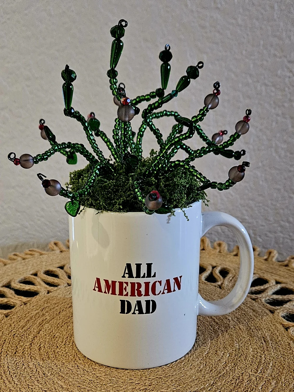 All American Dad White Ceramic Mug with Green Beaded Succulent